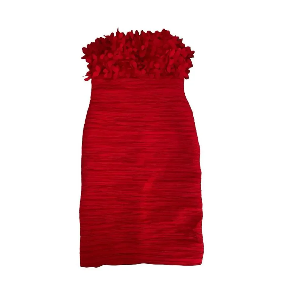 Daisy Red Spandex Dress Ruching Strapless Built-in Bra‎  M